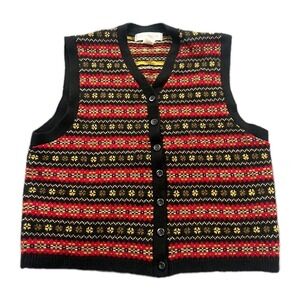 Jones New York Sweater Vest Large Black Red Fair Isle Lambswool Button Front